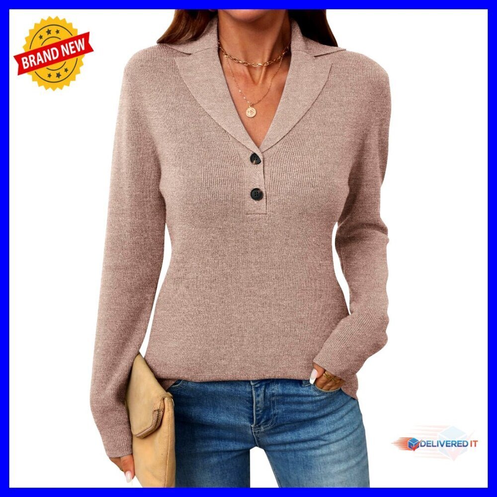 V-Neck Collared Button Pullover Sweater Knitted Dressy Casual Long Sleeve Polo